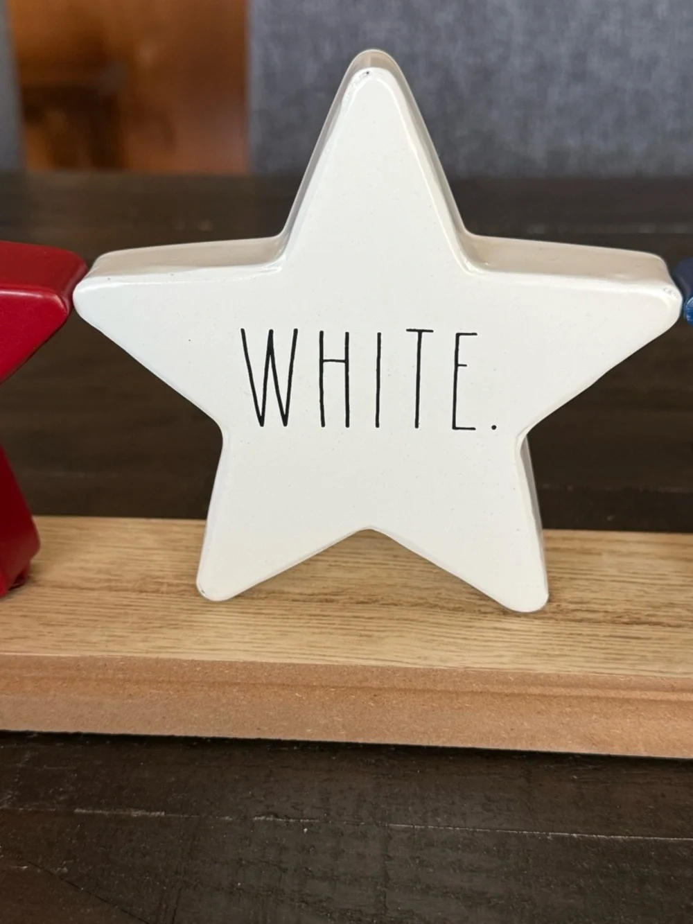 Rae Dunn Red, White & Blue Trio of Metal stars on Wooden Base- NWT